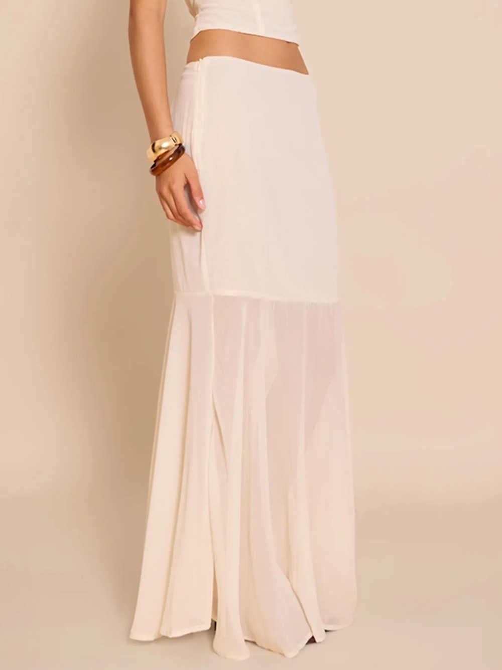 Elegant off-white beige/almond/cream chiffon mermaid cut maxi skirt